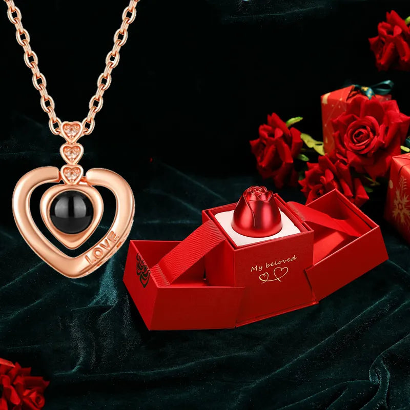 HotRose Conjunto con collar “te amo el 100 idiomas” en caja de rosa ascendente - [PROMOCIÓN DISPONIBLE SOLO HOY]