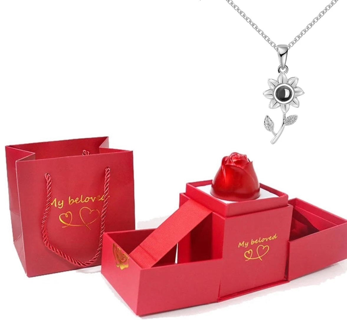 HotRose Conjunto con collar “te amo el 100 idiomas” en caja de rosa ascendente - [PROMOCIÓN DISPONIBLE SOLO HOY]
